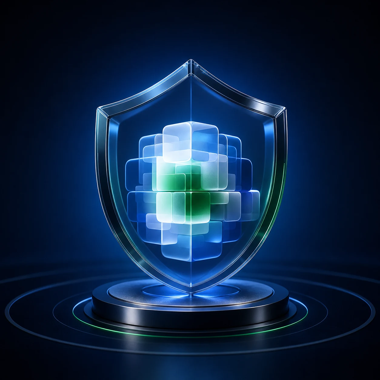 Escudo tridimensional abstrato representando privacidade e proteção de dados